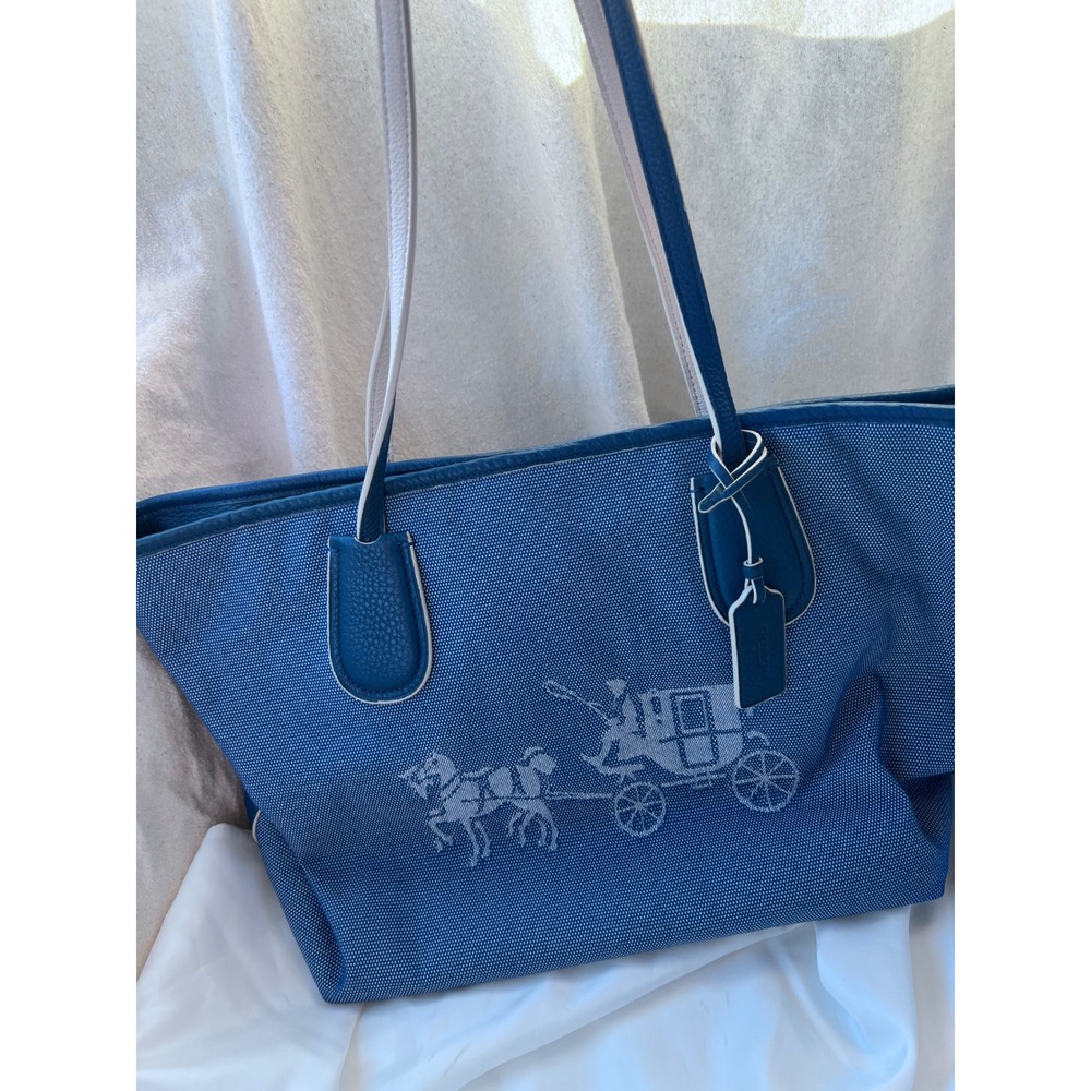 Preppy Womens Coach Horse and Carriage Jacquard Tote Large Blue
